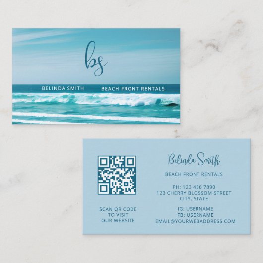 Carte De Visite Code QR Initiales de la vague océanique (Devant / Derrière)