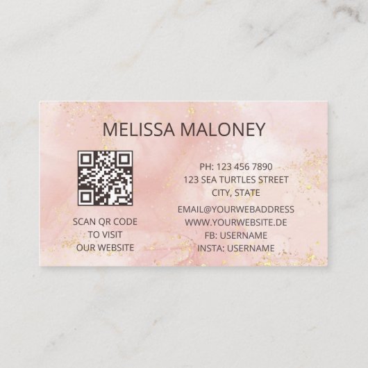 Carte De Visite Code QR | Initiales d'encre rose pâle (Dos)