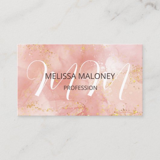 Carte De Visite Code QR | Initiales d'encre rose pâle (Devant)