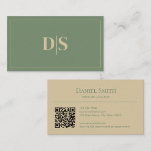 Carte De Visite Code QR initiales vert apaisé beige minimaliste