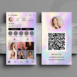 Carte De Visite Code QR Instagram de coiffeur holographique élégan