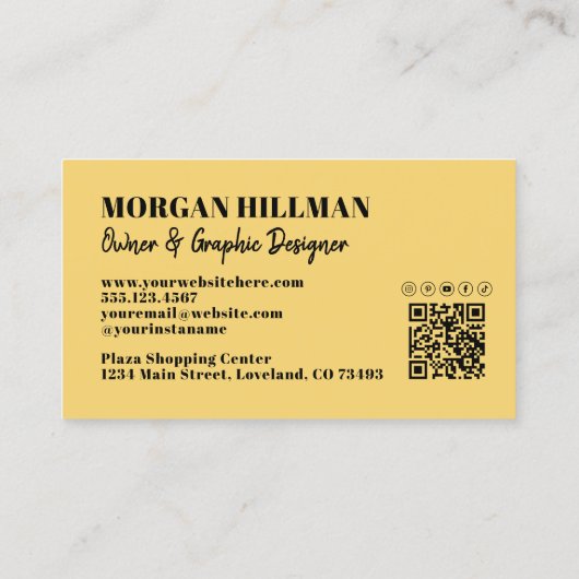 Carte De Visite Code QR jaune Simple Monogramme (Dos)