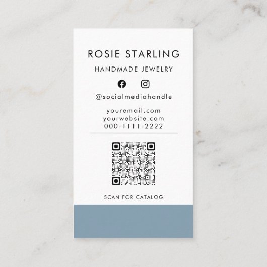 Carte De Visite Code QR Joli script Artisan bleu pâle vertical (Dos)