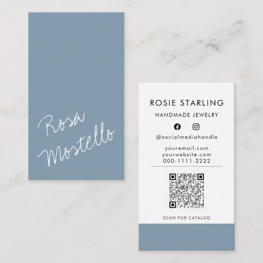 Carte De Visite Code QR Joli script Artisan bleu pâle vertical (Devant / Derrière)