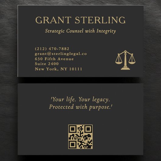 Carte De Visite Code QR juridique Échelles de Justice Noir Or