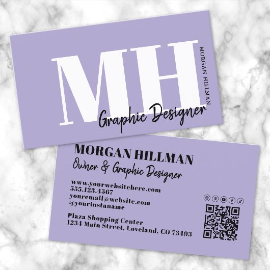 Carte De Visite Code QR Lavande Monogramme Violet