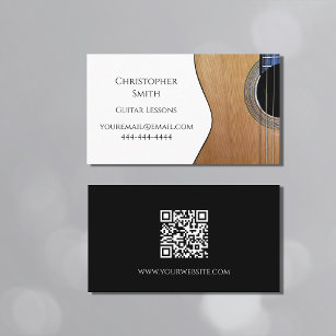 Carte De Visite Code QR Leçons de musique Guitare Noir Blanc