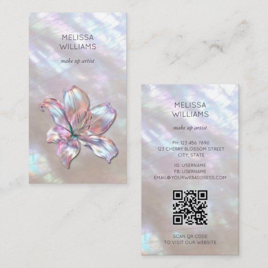 Carte De Visite Code QR Lily holographique iridescent (Devant / Derrière)
