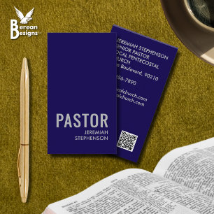 Carte De Visite Code QR Logo Argent Navy Minimal Église PASTEUR