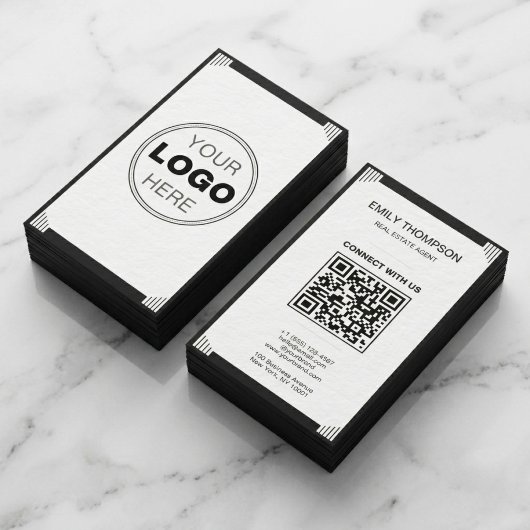 Carte De Visite Code QR Logo Art Déco Minimaliste Noir Blanc