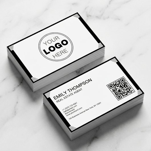 Carte De Visite Code QR Logo Art Déco Noir Blanc Minimaliste