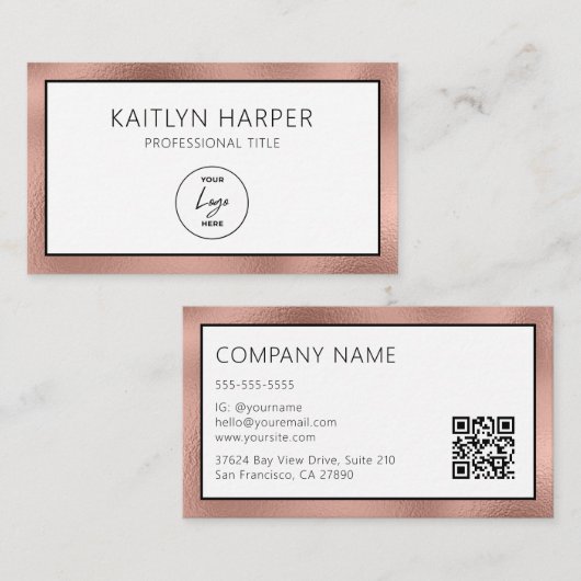 Carte De Visite Code QR Logo Bordé de Feuille d'Or Rose Élégant (Devant / Derrière)