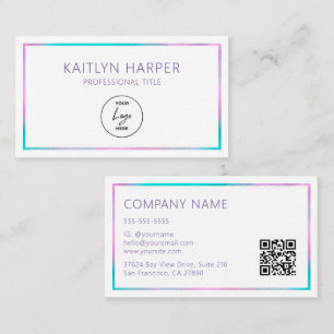 Carte De Visite Code QR Logo Cadre Feuille de Purple Teal Élégant