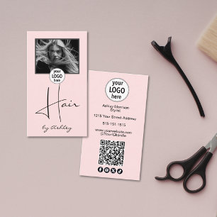 Carte De Visite Code QR Logo Cheveux Script Photo Rose Rougeâtre S