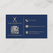 Carte De Visite Code QR Logo Ciseaux de Coiffeur Bleu Élégant Or (Dos)
