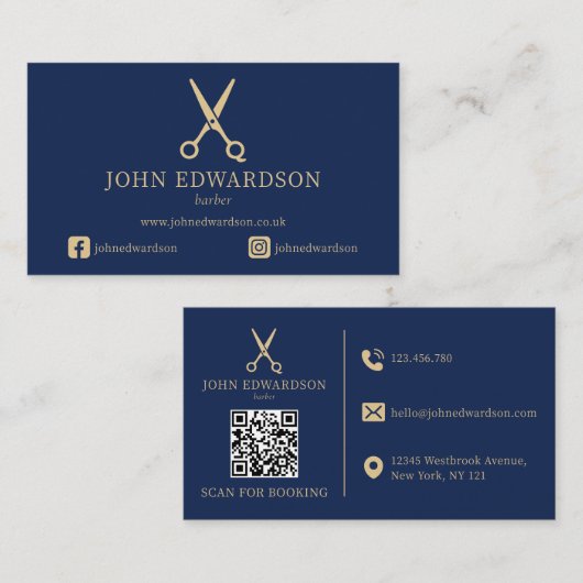 Carte De Visite Code QR Logo Ciseaux de Coiffeur Bleu Élégant Or (Devant / Derrière)