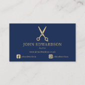 Carte De Visite Code QR Logo Ciseaux de Coiffeur Bleu Élégant Or (Devant)