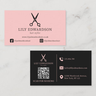 Carte De Visite Code QR Logo Ciseaux Élégants Rose pour Coiffeur