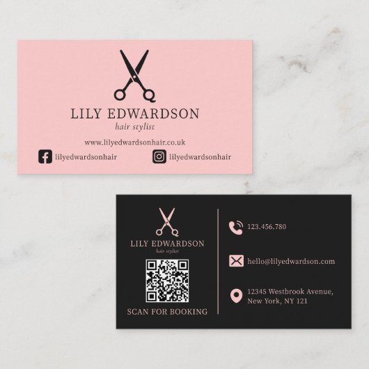 Carte De Visite Code QR Logo Ciseaux Élégants Rose pour Coiffeur (Devant / Derrière)