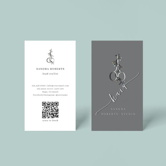 Carte De Visite Code QR Logo Ciseaux Floraux Élégants Uniques