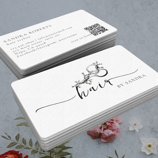 Carte De Visite Code QR Logo Ciseaux Floraux Élégants Uniques