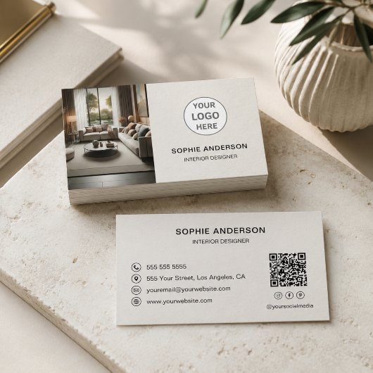 Carte De Visite Code QR Logo de Designer d'Intérieur Beige Neutre