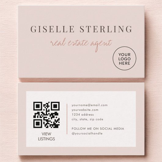 Carte De Visite Code QR Logo de l'Agent Immobilier Rose Pâle