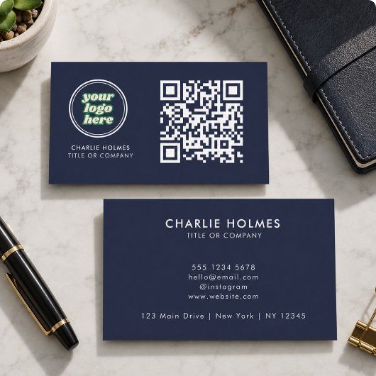 Carte De Visite Code QR Logo d'entreprise | Navy Moderne Professio