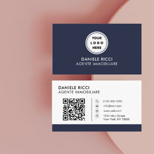 Carte De Visite Code QR Logo d'entreprise Navy Moderne Professio