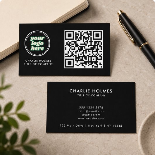 Carte De Visite Code QR Logo d'entreprise | Noir Moderne Professio