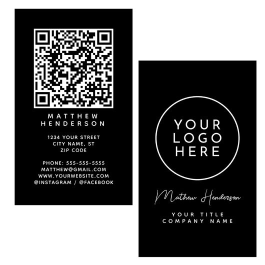 Carte De Visite Code QR Logo d'entreprise Sleek Black Professional