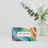 Carte De Visite Code QR & Logo Élégant Agate arc-en-ciel paillette (Debout devant)