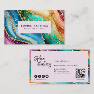 Carte De Visite Code QR & Logo Élégant Agate arc-en-ciel paillette
