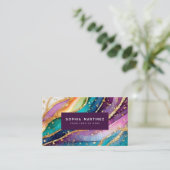 Carte De Visite Code QR & Logo Élégant Agate arc-en-ciel paillette (Debout devant)