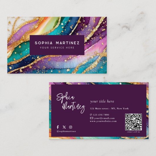 Carte De Visite Code QR & Logo Élégant Agate arc-en-ciel paillette (Devant / Derrière)