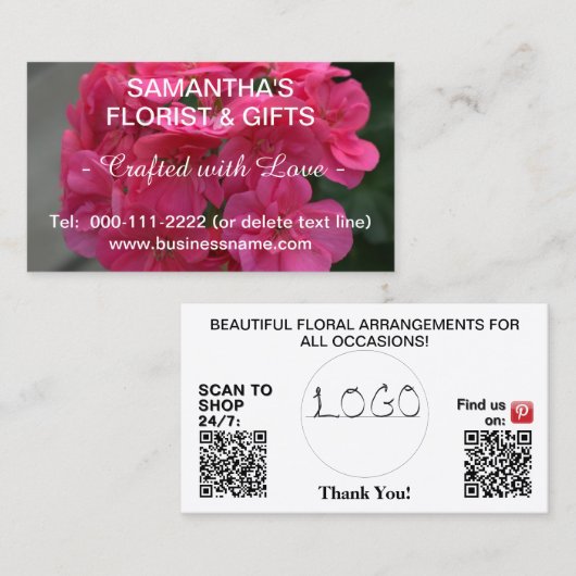 Carte De Visite Code QR Logo Entreprise Géranium Rose 3,5 x 2,0 (Devant / Derrière)