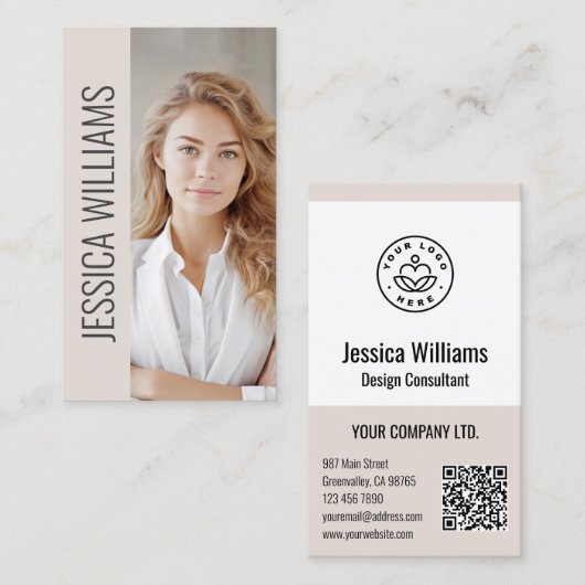 Carte De Visite Code QR Logo Entreprise Moderne Professionnel Beig (Devant / Derrière)