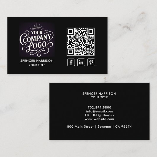 Carte De Visite Code QR Logo Entreprise Moderne Professionnel Noir (Devant / Derrière)
