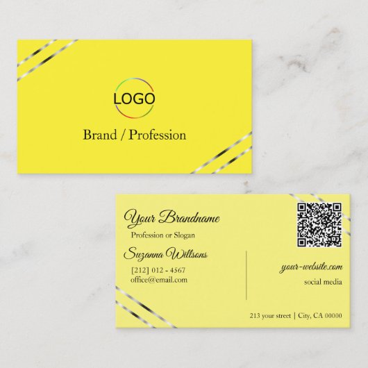 Carte De Visite Code QR Logo Lignes Argent Jaune et Crème (Devant / Derrière)