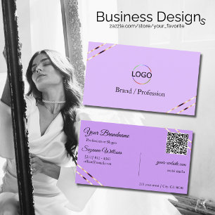 Carte De Visite Code QR Logo Lilas Lavande avec Lignes en Or Rose