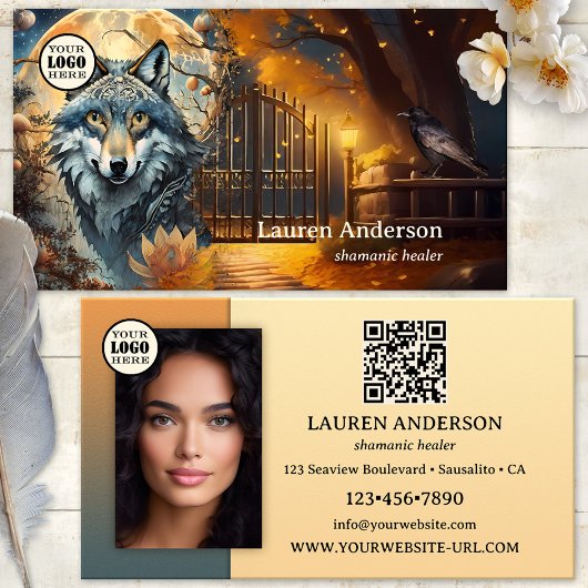 Carte De Visite Code QR Logo Loup Pleine Lune Chaman