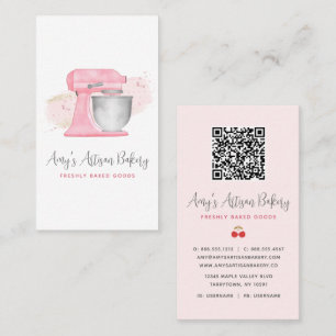 Carte De Visite Code QR Logo Mixeur de Cuisine Rose Pâle Boulanger