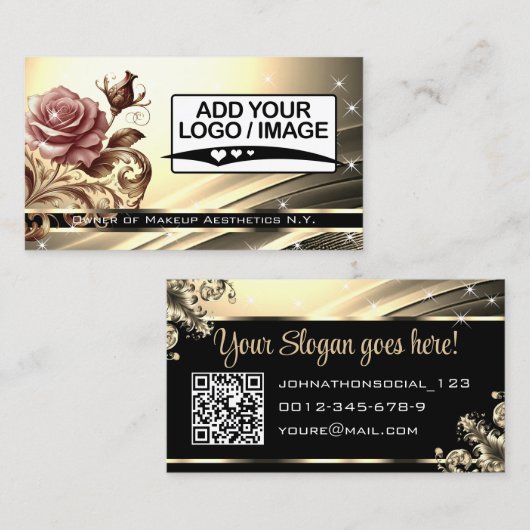 Carte De Visite Code QR Logo Modèle Deluxe Rose d'or Luxe (Devant / Derrière)