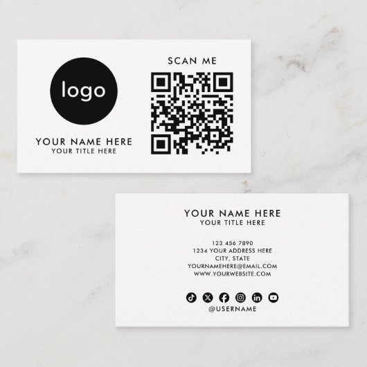 Carte de visite Code QR Logo Moderne Design Blanc (Devant / Derrière)
