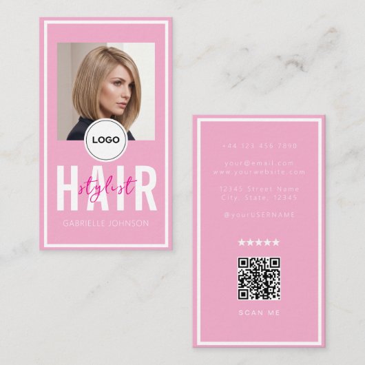 Carte De Visite Code QR Logo Moderne Rose Pâle Coiffeur Blanc  (Devant / Derrière)