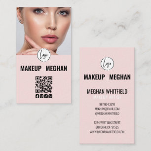 Carte De Visite Code QR Logo Moderne Rose Pâle Photo Maquillage Ca