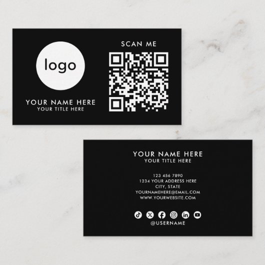 Carte de visite Code QR Logo Noir Moderne Design (Devant / Derrière)