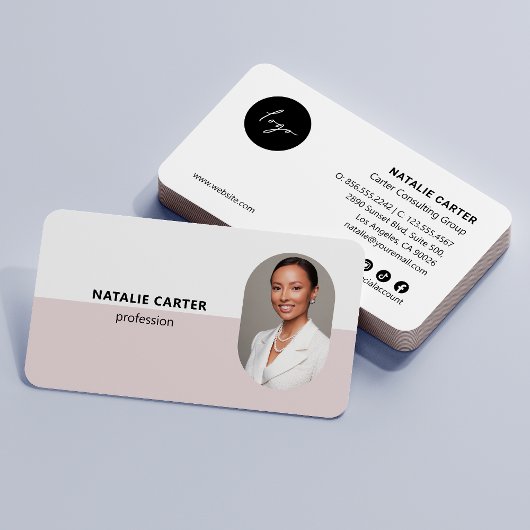 Carte De Visite CODE QR Logo OVAL Photo Professional BLUSH PINK
