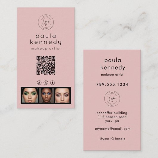 Carte De Visite Code QR Logo Photo Moderne Rose Pâle (Devant / Derrière)