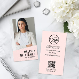 Carte De Visite Code QR Logo Photo Professionnel Rose Pâle Blush